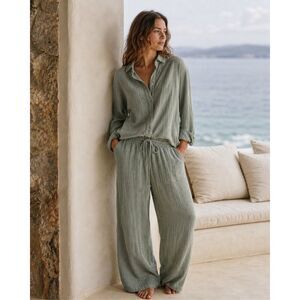NWT Universal Thread Sage Cotton Gauze Lounge Set Coastal Relaxed Wide Leg Outfi